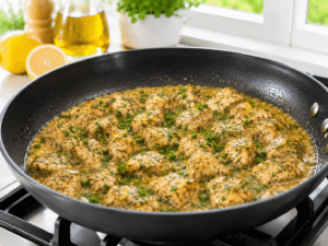 Fresh chopped parsley sprinkled over cooked lemon butter chicken in a bright modern kitchen scene.