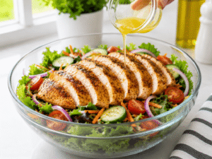 Fresh grilled chicken salad drizzled with lemon olive oil dressing and ready to serve
