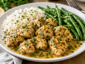 Lemon butter chicken served on a white plate with rice and green vegetables in warm natural lighting.