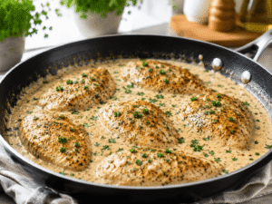 Final creamy garlic chicken dish served hot in a skillet with rich parmesan sauce fresh parsley and golden chicken pieces.