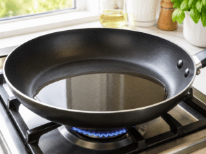 Oil heating in a large black nonstick frying pan on a gas stove in a bright modern kitchen