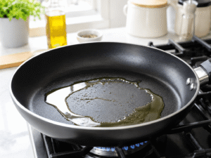 Olive oil heating in a large black nonstick skillet over medium-high heat on a gas stove