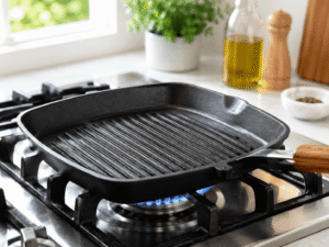 Hot grill pan heating on a gas stove in a bright modern kitchen before cooking chicken breasts