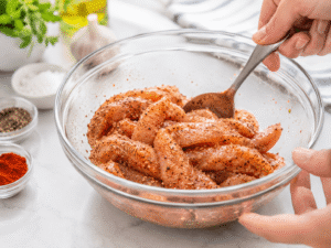 Sliced chicken breast coated with paprika, black pepper, salt, and dried oregano in a glass mixing bowl before cooking