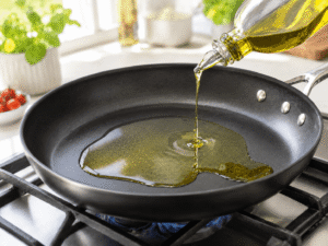 Olive oil heating in a large black nonstick skillet on a gas stove in a bright kitchen