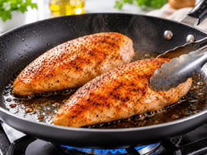 Seasoned chicken breasts cooking in a skillet with olive oil until golden brown and fully cooked
