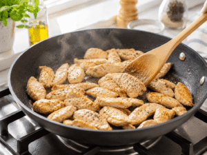 Sliced chicken breast cooking in olive oil in a black skillet, seasoned with salt and black pepper until lightly golden.