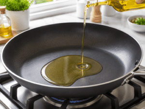Olive oil being poured into a large black nonstick frying pan on a gas stove in a bright modern kitchen.