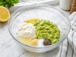 Mashed avocado, Greek yogurt, olive oil, lemon juice, garlic powder, salt, and black pepper added to a glass bowl for creamy dressing