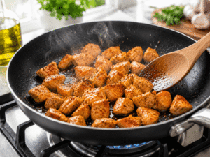 Seasoned chicken pieces cooking in a nonstick skillet until golden brown and fully cooked for chicken meal prep bowl.