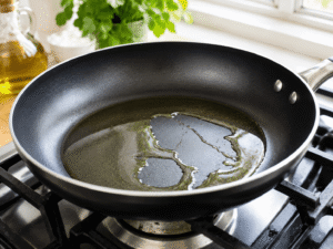 Olive oil heating in a large black nonstick skillet on a gas stove in a bright modern kitchen.