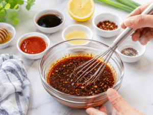 Glass bowl filled with soy sauce, chili sauce, honey, lemon juice, chili flakes, black pepper, and salt being mixed together.