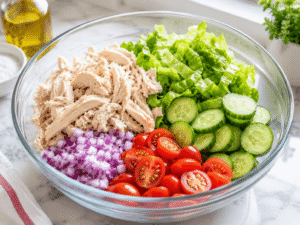 Shredded cooked chicken breast added to a large glass bowl with lettuce, cucumber, cherry tomatoes, and red onion.