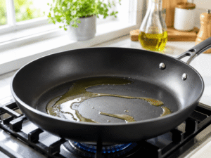 Olive oil heating in a large black nonstick frying pan over a gas stove in a bright modern kitchen.