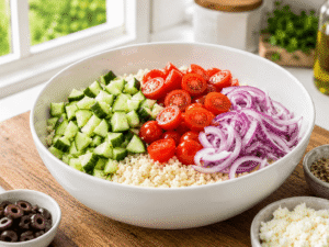 Sliced cooked chicken breast placed on top of fresh vegetables and quinoa in a healthy Greek chicken bowl.