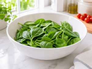Fresh spinach leaves placed inside a large white salad bowl in a bright kitchen setting.