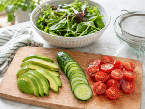 Sliced avocado, cucumber rounds, halved cherry tomatoes, and fresh mixed greens prepared on a cutting board