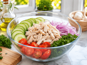 Cooked chicken breast shredded and added to a bowl with cucumber, cherry tomatoes, red onion, and fresh parsley.