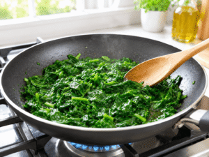 Fresh chopped spinach cooking in olive oil inside a black nonstick skillet on a gas stove with natural daylight in a modern kitchen.