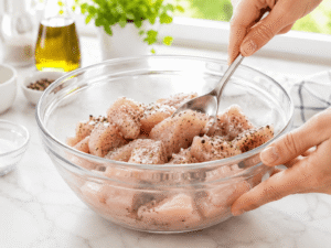 Chicken breast pieces being mixed with salt, black pepper, and Italian seasoning in a glass bowl on a marble countertop.