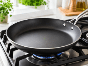 Large black nonstick skillet heating on a gas stove in a bright modern kitchen with natural daylight.