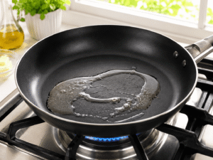 Black nonstick skillet heating with oil over a gas stove in a bright modern kitchen with natural daylight.