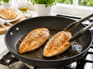 Chicken breasts cooking in olive oil inside a black frying pan until golden brown and fully cooked.
