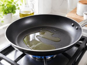 Olive oil heating in a large black nonstick pan on a gas stove in a bright modern kitchen.