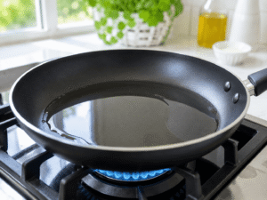 Oil heating in a large black frying pan over a gas stove in a bright modern kitchen.