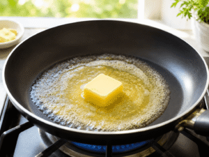 Butter melting in a black nonstick frying pan over medium heat on a gas stove in a bright kitchen.