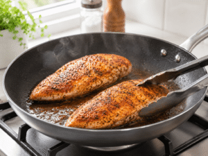 Seasoned chicken breasts cooking in a skillet until golden brown and fully cooked with light steam rising.