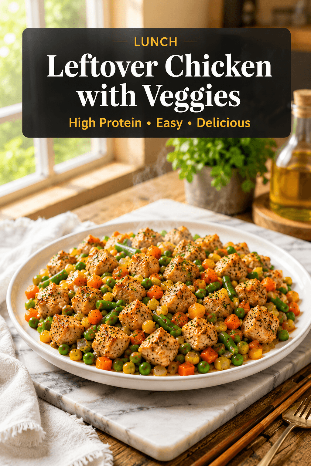 Leftover Chicken with Veggies served on a white plate with mixed vegetables in a bright modern kitchen, healthy high-protein lunch recipe for busy professionals.