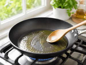 Olive oil heating in a black nonstick frying pan on a gas stove in a bright modern kitchen.