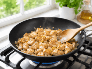 Chicken breast pieces cooking in a frying pan until golden brown in a bright kitchen setting.