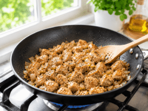 Chicken breast being seasoned with salt and black pepper while cooking in a nonstick frying pan.