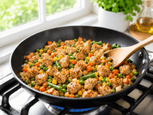Mixed frozen vegetables added to a frying pan with cooked chicken breast in a bright kitchen.