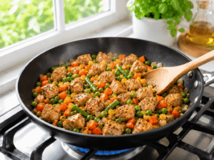 Chicken and mixed vegetables cooking together in a frying pan until hot and evenly heated.