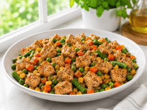 Chicken breast and mixed vegetables being stirred together in a frying pan with a wooden spoon.