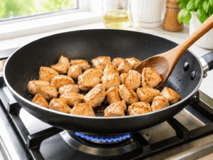 Golden chicken pieces cooking in a black frying pan while being stirred with a wooden spoon over a gas stove