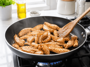 Seasoned chicken breast strips cooking in a nonstick frying pan until lightly golden and fully cooked