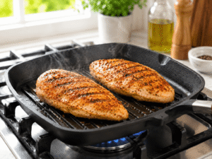 Seasoned chicken breasts grilling on a hot grill pan with visible grill marks and light steam
