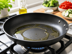 Olive oil heating in a large black nonstick skillet on a gas stove before adding seasoned chicken