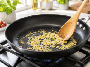 Minced garlic sautรฉing in hot olive oil in a black skillet while being stirred with a wooden spoon