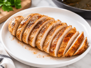 Cooked chicken breast resting and sliced into thin juicy strips on a white plate