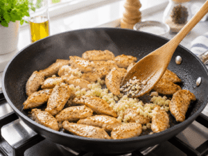 Minced garlic added to cooked chicken in a skillet and stirred with a wooden spoon until fragrant.