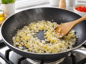 Diced onion, minced garlic, and grated ginger sautรฉing in a black nonstick skillet until soft and fragrant.