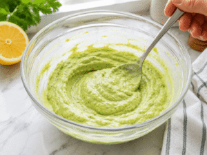 Smooth and creamy avocado dressing being mixed with a spoon in a glass bowl on a bright marble countertop