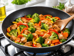 Broccoli florets, sliced carrots, and bell peppers cooking with chicken in a skillet for healthy meal prep bowl recipe.