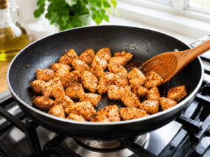Seasoned chicken pieces cooking in a skillet until golden brown and fully cooked with a wooden spoon stirring.