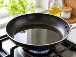Black nonstick frying pan heating vegetable oil on a gas stove in a bright modern kitchen.